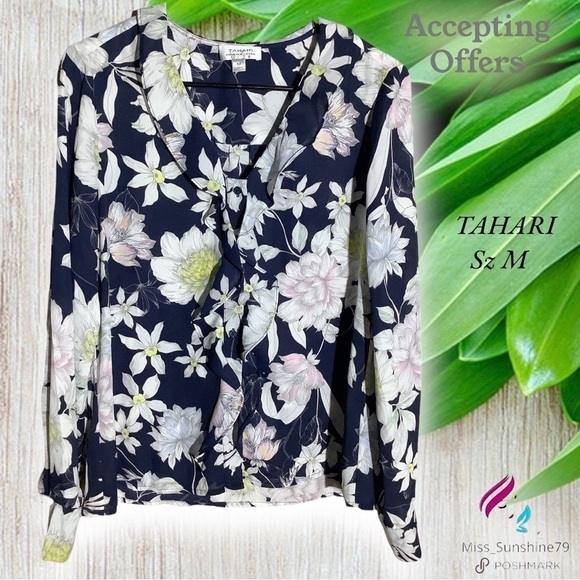 TAHARI - Sz M - floral navy button down shirt with ruffle button front - Picture 1 of 7